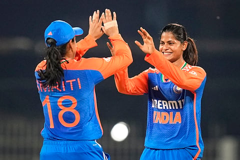 Radha Yadav and Smriti Mandhana celebrate Laura Wolvaardts' wicket 